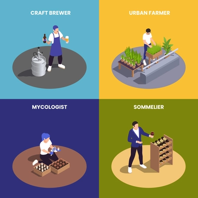 Modern food industry professions 2x2 design concept with sommelier craft brewer mycologist and urban farmer isolated 3d isometric vector illustration