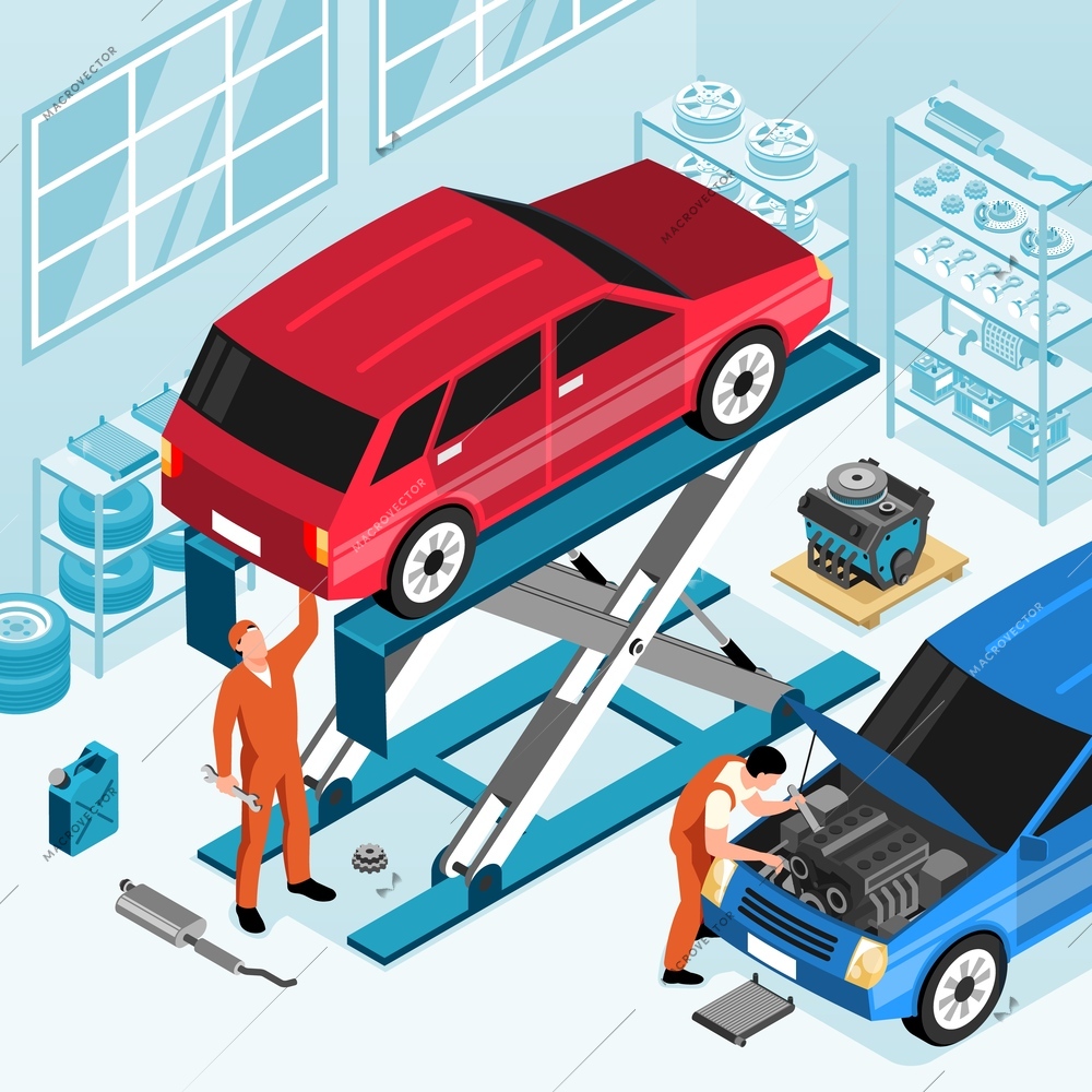 Isometric car repair concept with mechanics in auto service vector illustration