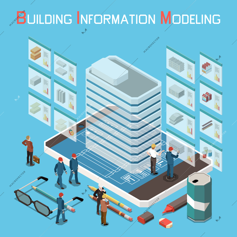 Building information modeling concept  isometric background with modern building standing on smartphone screen 3d vector illustration