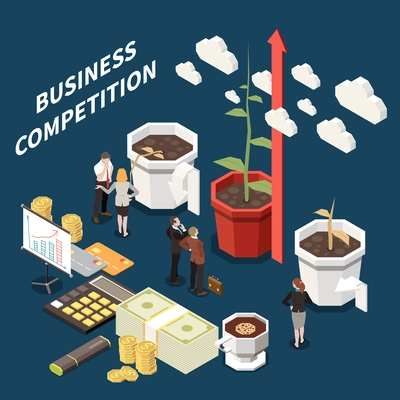 Business competition isometric design concept with small human characters watching sprouts in large pots symbolizing business development vector illustration
