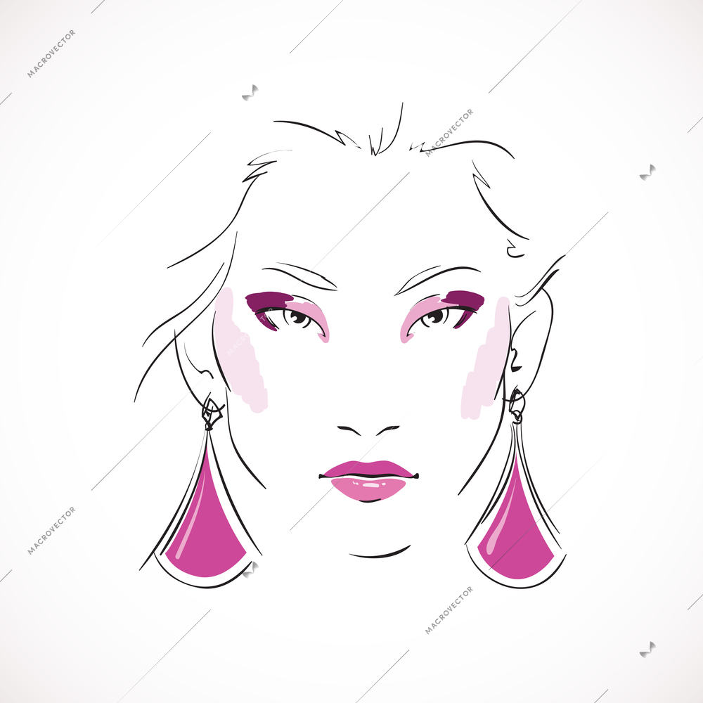 Front expressive look of fashion woman with earrings isolated vector illustration