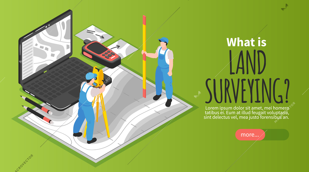 Isometric engineer surveyor banner with triangular level and other tools vector illustration