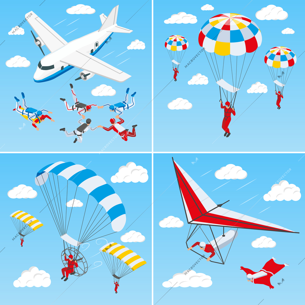 Extreme sports 2x2 design concept set of people involved in hang glider skydiving parachuting paragliding isometric vector illustration