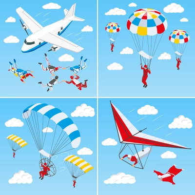 Extreme sports 2x2 design concept set of people involved in hang glider skydiving parachuting paragliding isometric vector illustration