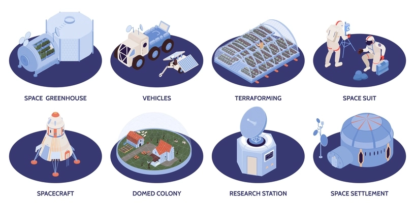 Space colonization isometric set of research station spacecraft space settlement domed colony isolated compositions vector illustration