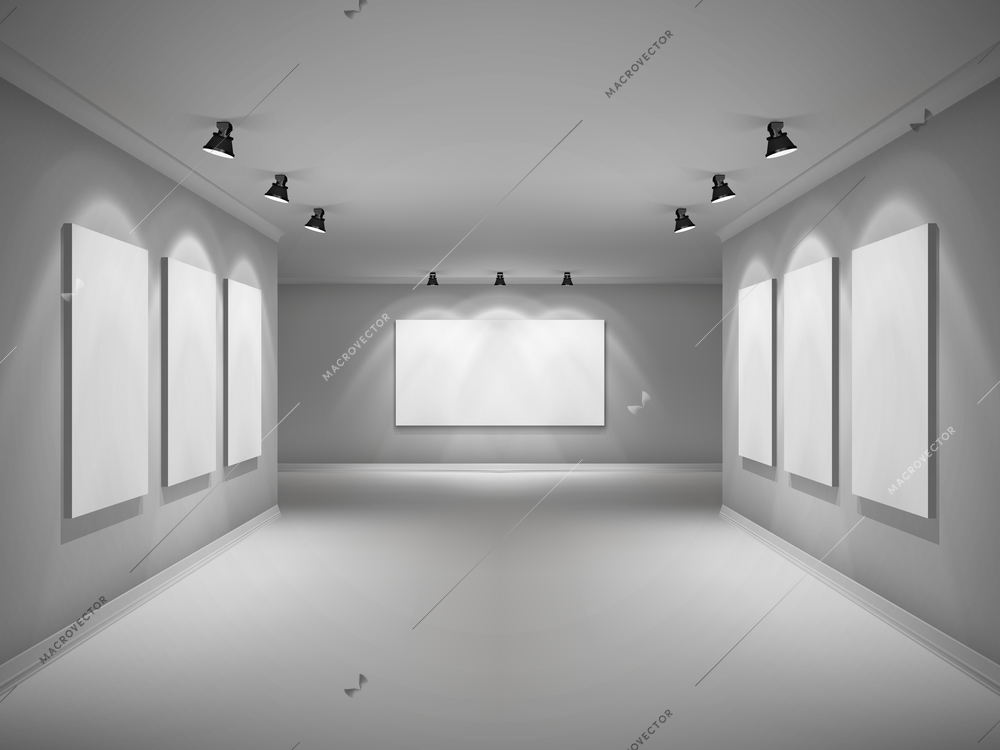 Gallery 3d realistic interior with empty picture frames in spotlights vector illustration