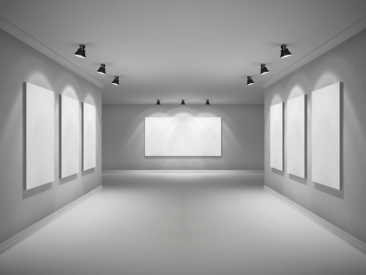 Gallery 3d realistic interior with empty picture frames in spotlights vector illustration
