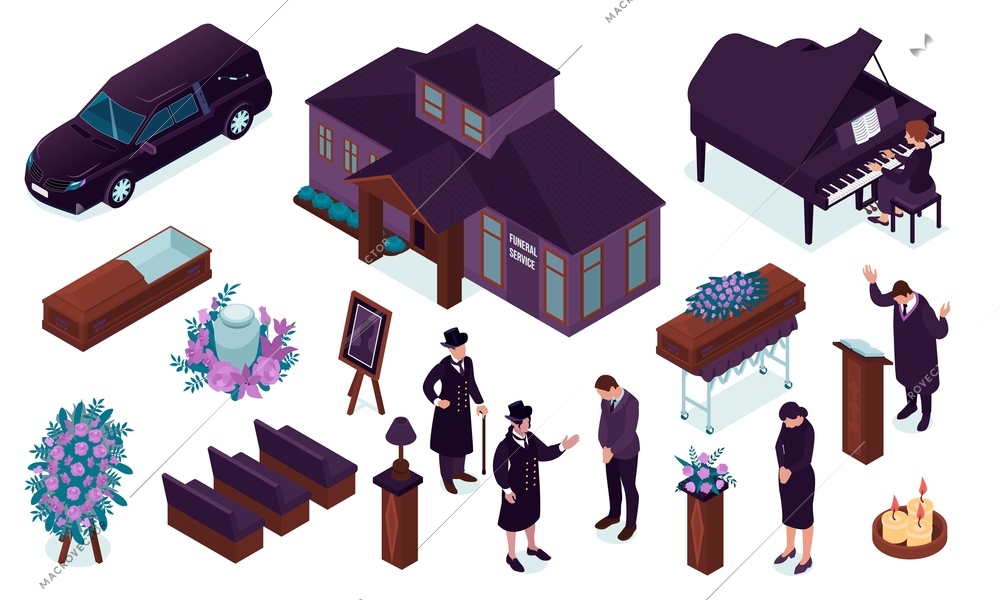 Funeral service isometric set of agency building items for burial   priest family members and relative characters isolated vector illustration