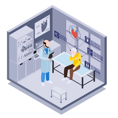 Senior healthcare healthy aging isometric composition with view of medical appointment old man at doctors office vector illustration