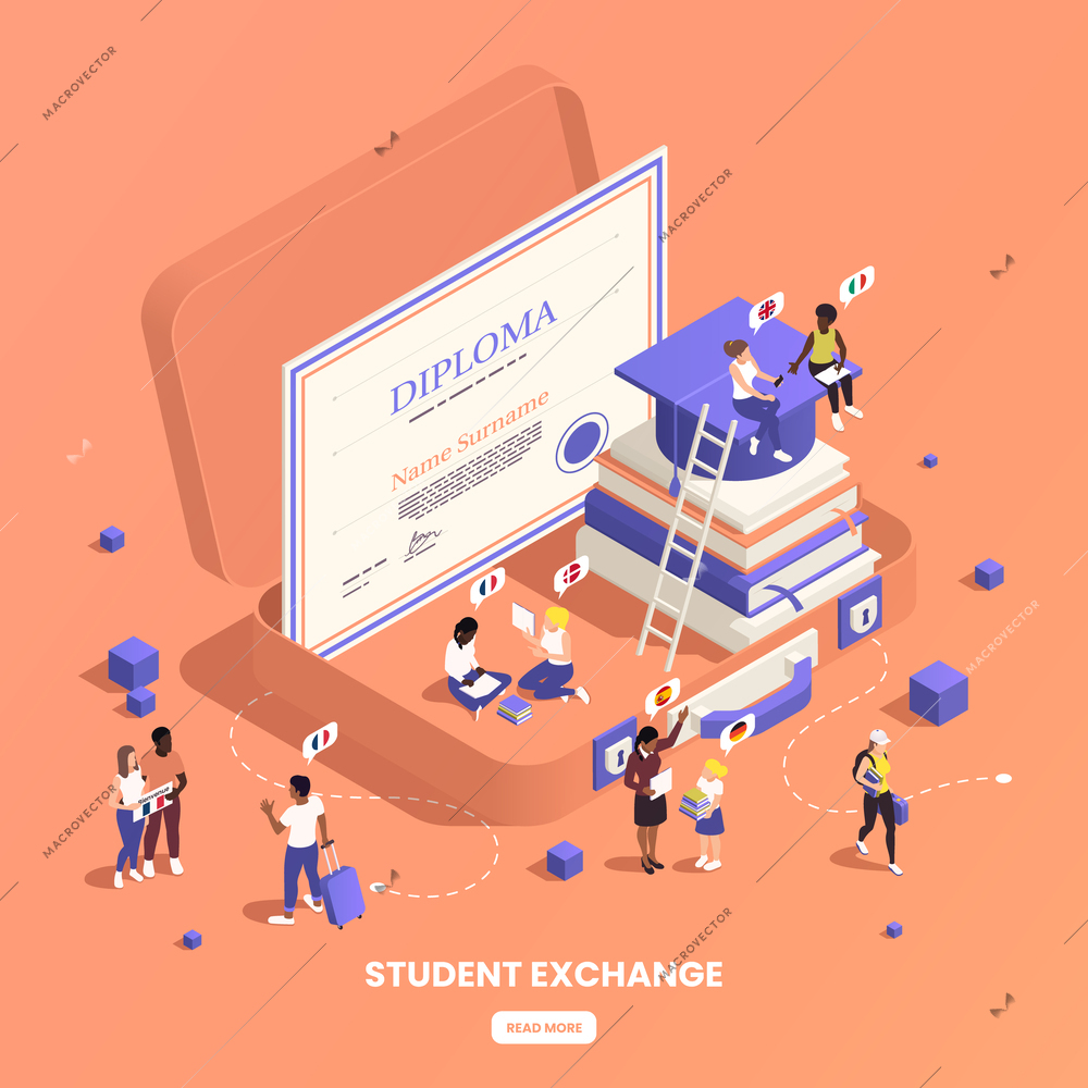 Global education student exchange isometric composition with editable text read more button human characters and diploma vector illustration