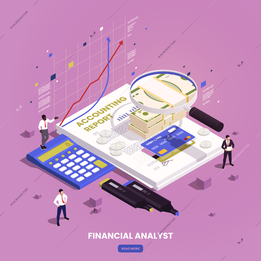 Financial professions isometric composition with editable text read more button and stocks graph paperwork and people vector illustration