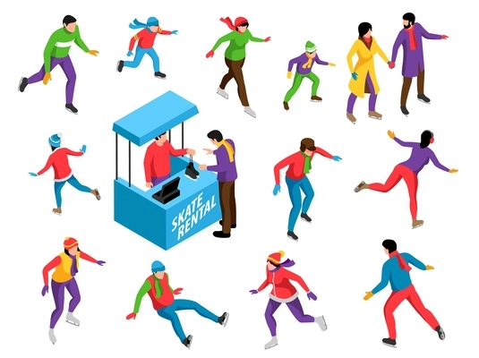 Isometric set of people ice skating in winter clothes and skate rental isolated 3d vector illustration