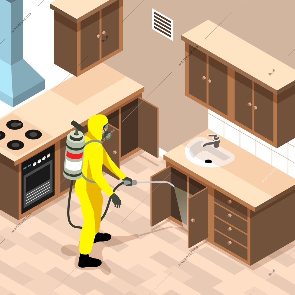 Pest control service specialist in protective suit using insecticide in kitchen 3d isometric vector illustration