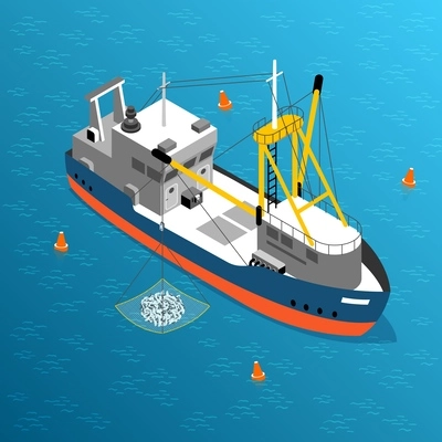 Commercial fishing boat in open sea loading net with fish 3d isometric vector illustration