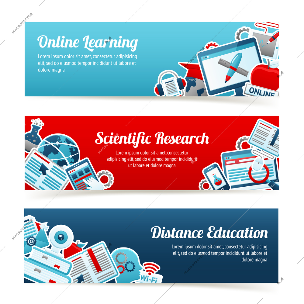 Online education online learning scientific research horizontal banners set isolated vector illustration