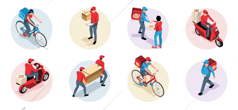 Isometric set of round compositions with delivery men and women riding scooter bicycle giving order to customers isolated vector illustration