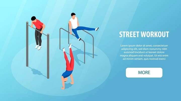 Street workout isometric horizontal web banner with more button and three men doing gymnastic exercises on bars 3d vector illustration