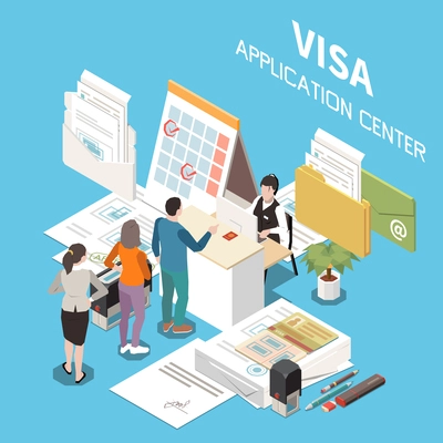 Embassy services support isometric background with people receiving official personal documents in visa application center vector illustration