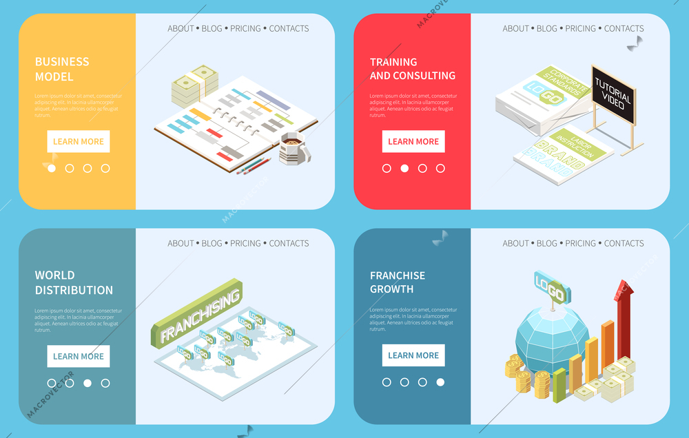 Franchising landing pages set providing information about business model training consulting world distribution isometric vector illustration