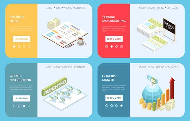 Franchising landing pages set providing information about business model training consulting world distribution isometric vector illustration