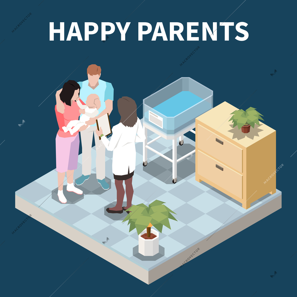 Happy parents isometric background doctor consulting for couple discharged from clinic after birth of child vector illustration