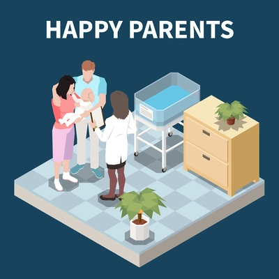 Happy parents isometric background doctor consulting for couple discharged from clinic after birth of child vector illustration