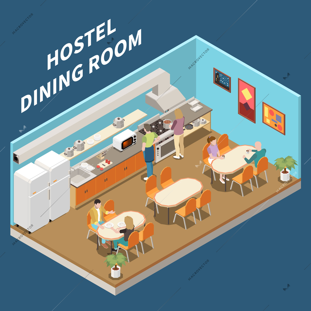 Hostel dinning room isometric background with some tables kitchen stove and home appliances vector illustration