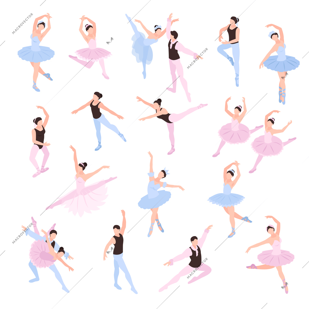 Isometric ballerina and dancing ballet artists icons isolated vector illustration