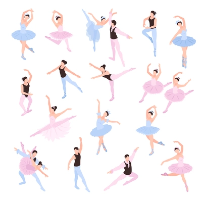 Isometric ballerina and dancing ballet artists icons isolated vector illustration