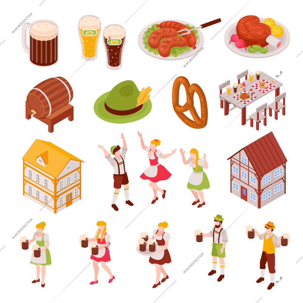 Oktoberfest isometric icons set with traditional German beer festival symbols isolated vector illustration
