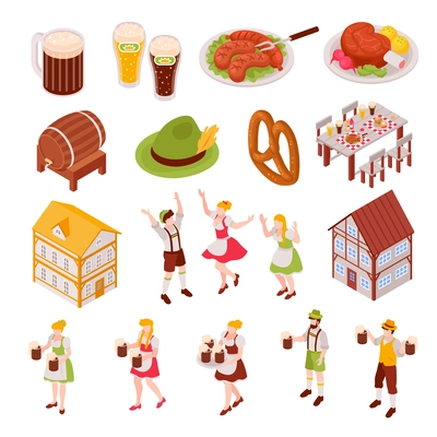 Oktoberfest isometric icons set with traditional German beer festival symbols isolated vector illustration