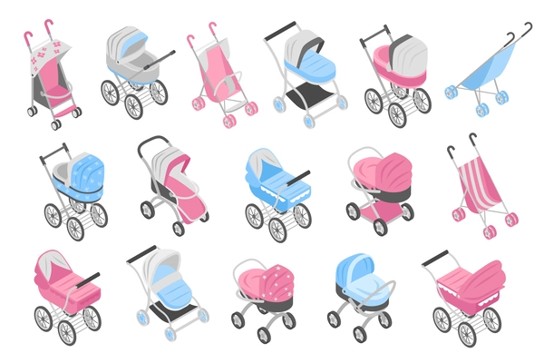 Isometric baby carriage in pink and blue colors isolated icons set vector illustration