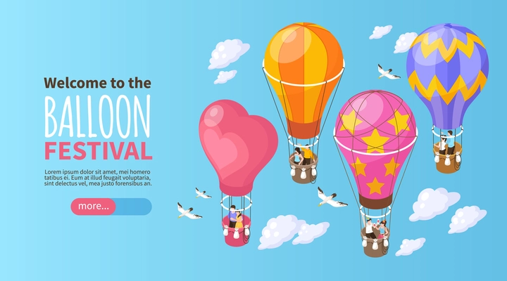 Isometric hot air balloon travel festival concept horizontal banner vector illustration