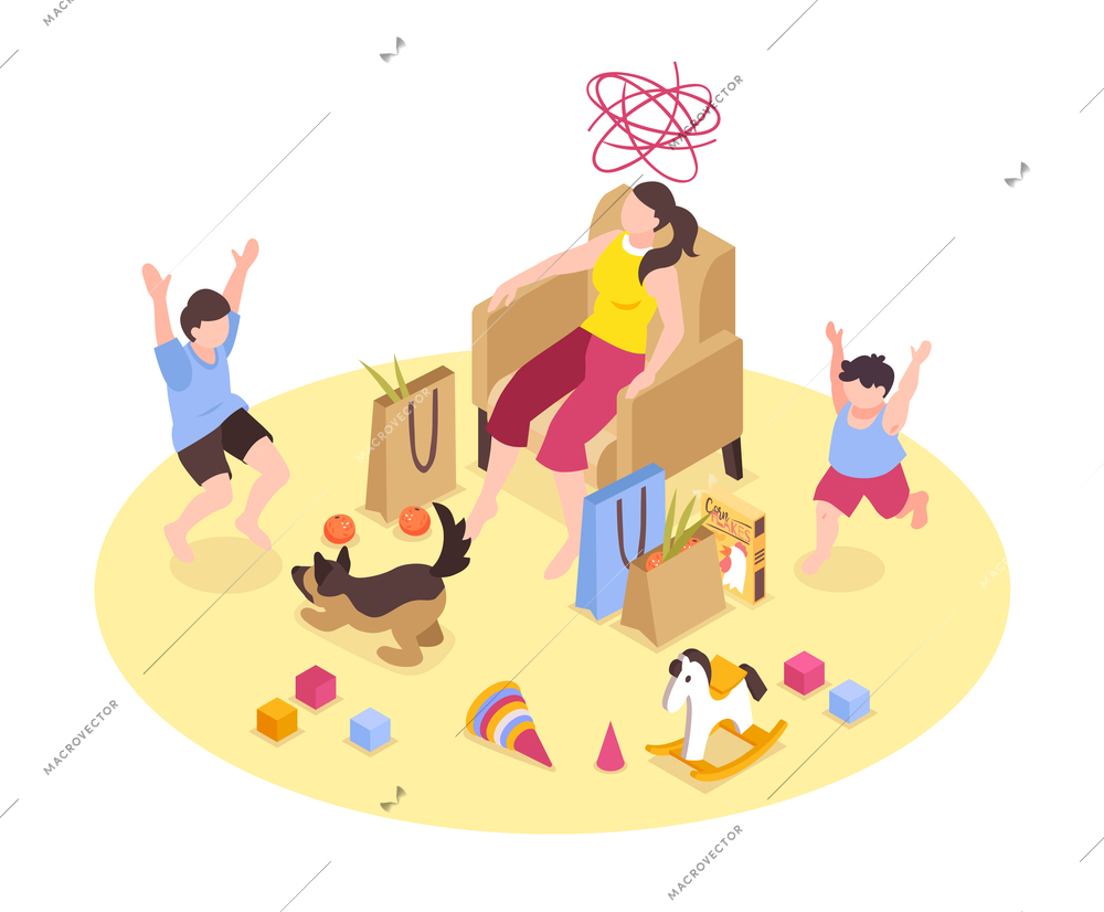 Tired woman and screaming children in messy room isometric vector illustration