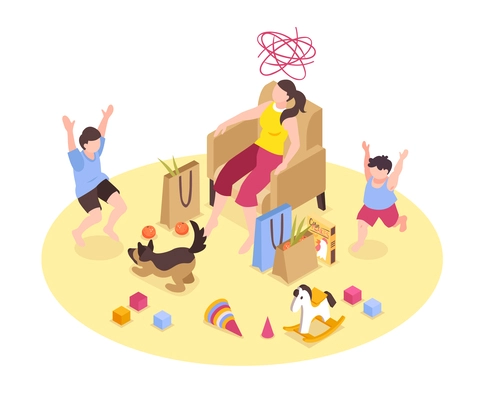 Tired woman and screaming children in messy room isometric vector illustration