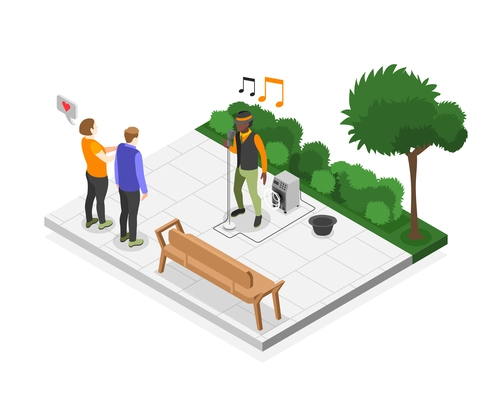 Street artists isometric composition with african american singer singing in city park with two people watching vector illustration