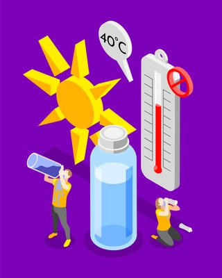 Heat stroke isometric background composition with human characters of man and woman drinking water with thermometer vector illustration
