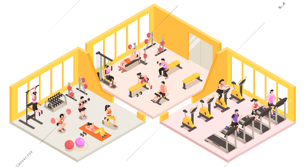 Isometric gym and fitness club concept with people training inside vector illustration