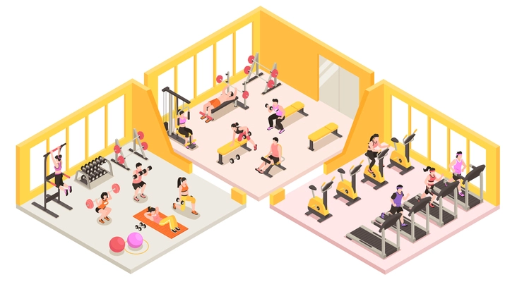 Isometric gym and fitness club concept with people training inside vector illustration