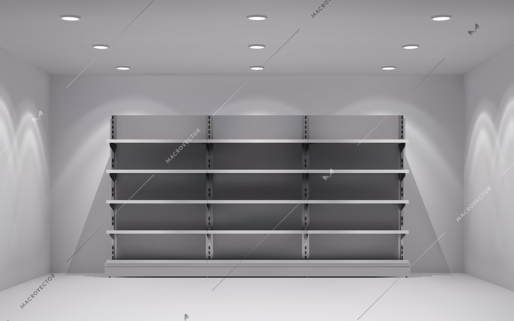 Realistic 3d store interior with empty shelves in lamp spotlights background vector illustration