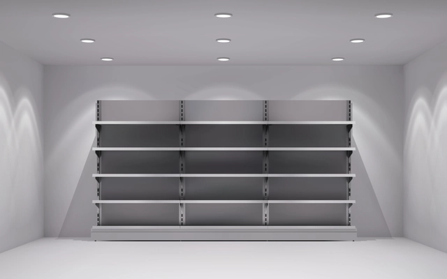 Realistic 3d store interior with empty shelves in lamp spotlights background vector illustration