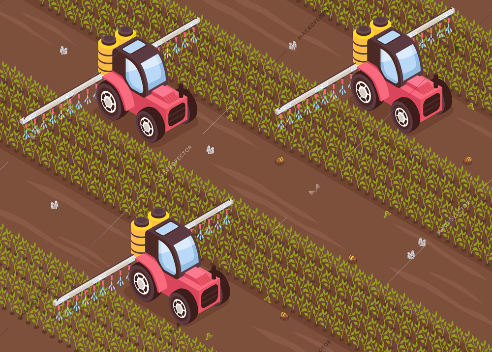 Isometric pest control concept with agricultural machines spraying the field vector illustration