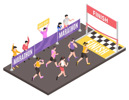 Isometric marathon concept with people running towards finish line vector illustration