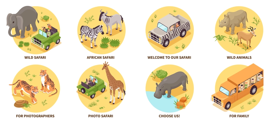 Isometric photo safari compositions set with people travelling in savanna isolated vector illustration