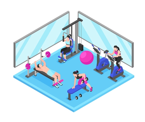 Isometric gym fitness center with people doing workout indoors vector illustration