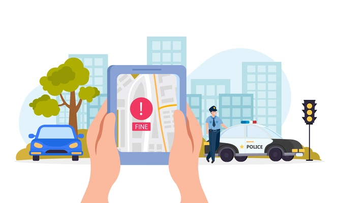 Traffic police flat colored concept tablet in hand with parking app and a fine on the screen vector illustration