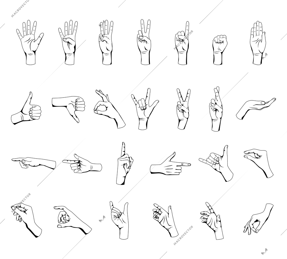 Human hands gestures flat set with isolated outlines of black and white flourishes on blank background vector illustration