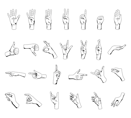 Human hands gestures flat set with isolated outlines of black and white flourishes on blank background vector illustration