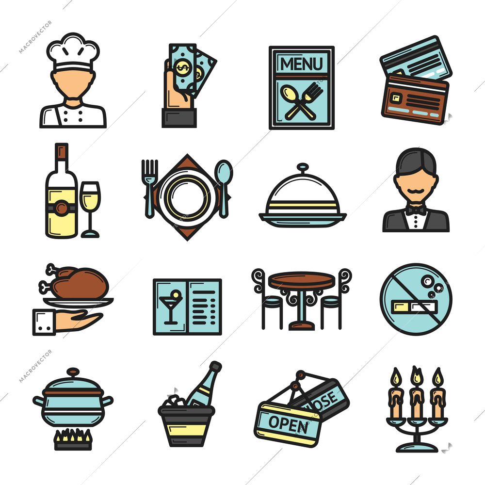 Restaurant icons set with cuisine waiter chef and payment symbols isolated vector illustration