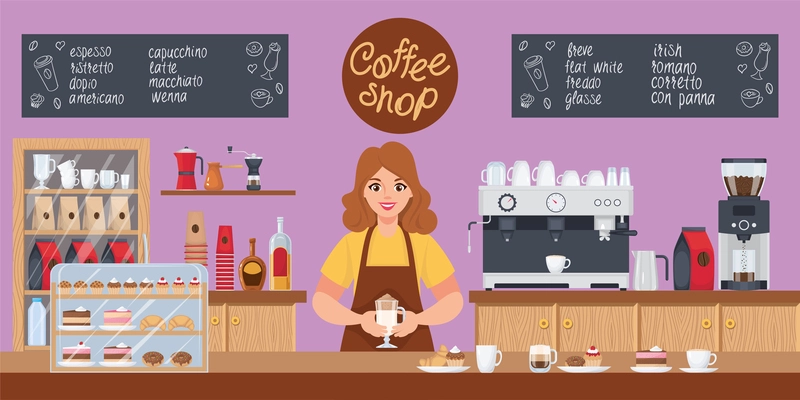 Coffee shop composition with barista behind bar counter vector illustration